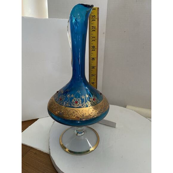 VTG Italian Venetian Murano Aqua Blue Glass Gold Gilt Red Jewels Ewer Decanter - Picture 16 of 16